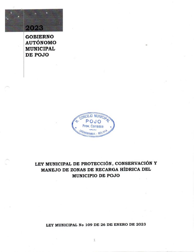 Ley municipal de protección de zonas de recarga hídrica fue promulgada por el GAM de Pojo